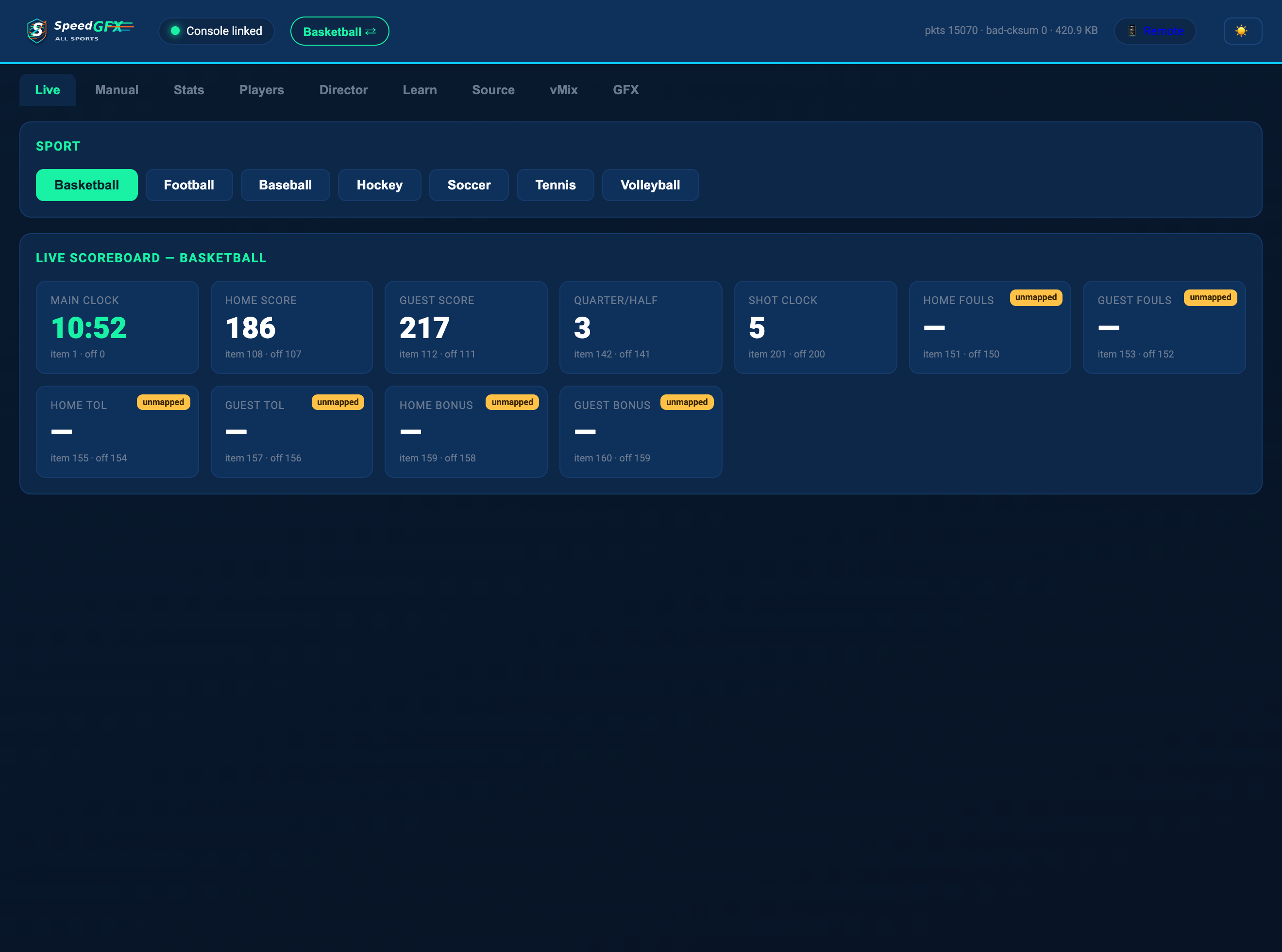 SpeedGFX All Sports live operator dashboard with running game data