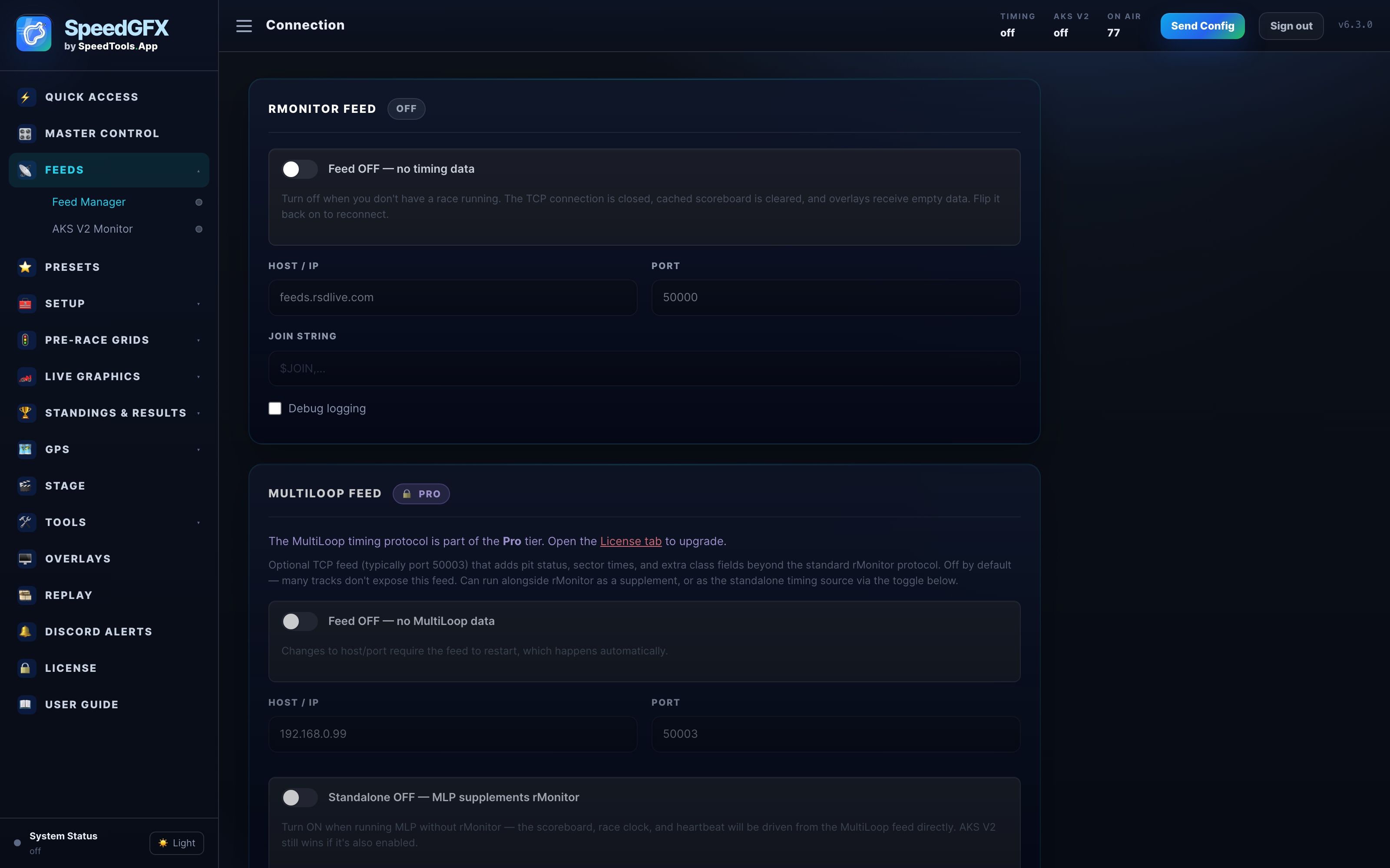 SpeedGFX timing feeds panel in the operator console