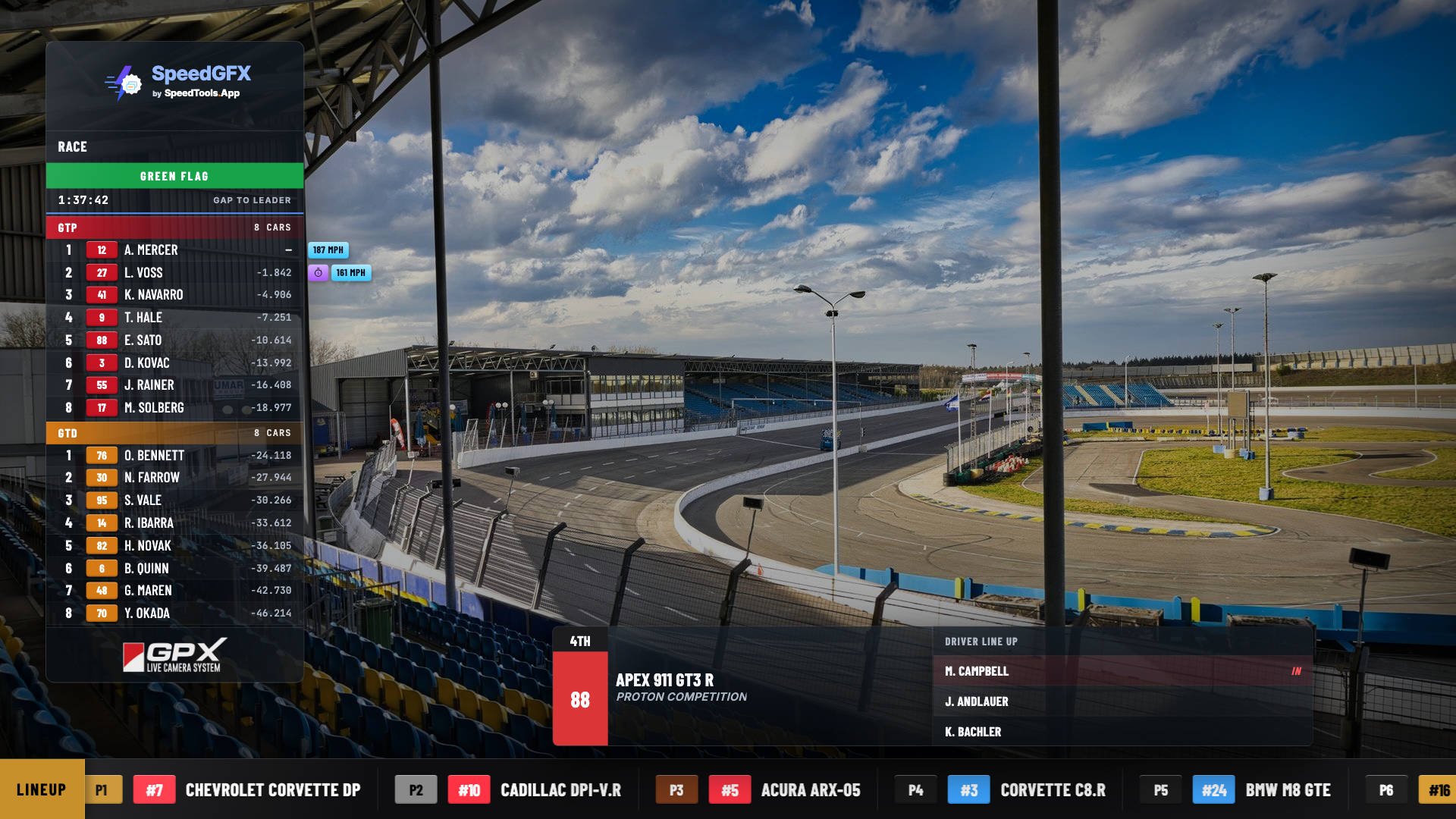 Glass package starting lineup over live race footage