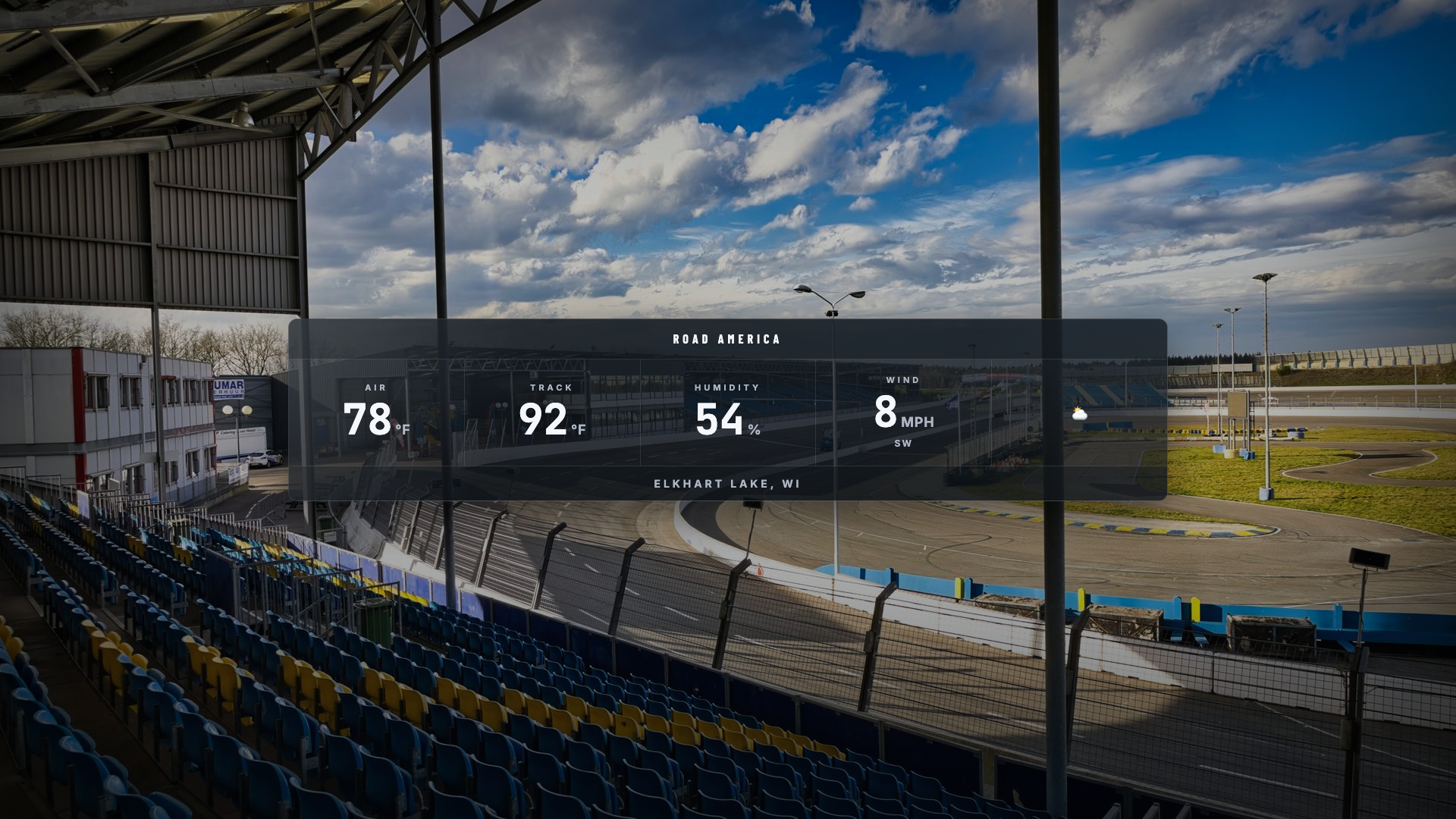 Glass package weather card over live race footage